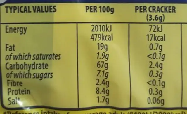 TUC original nutrition facts table