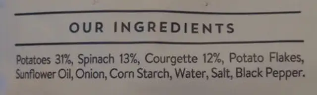 Courgette and spinach hashbrown ingredients label
