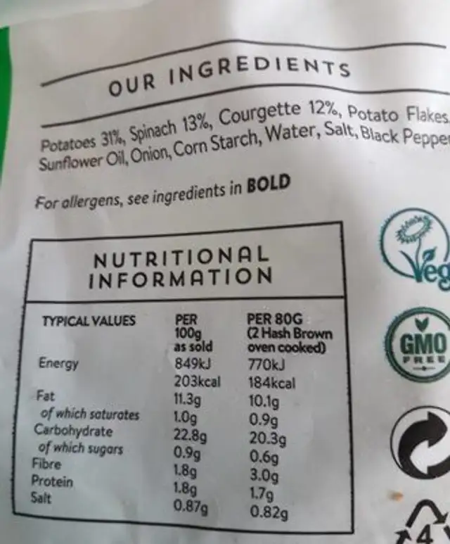Courgette and spinach hashbrown nutrition facts table