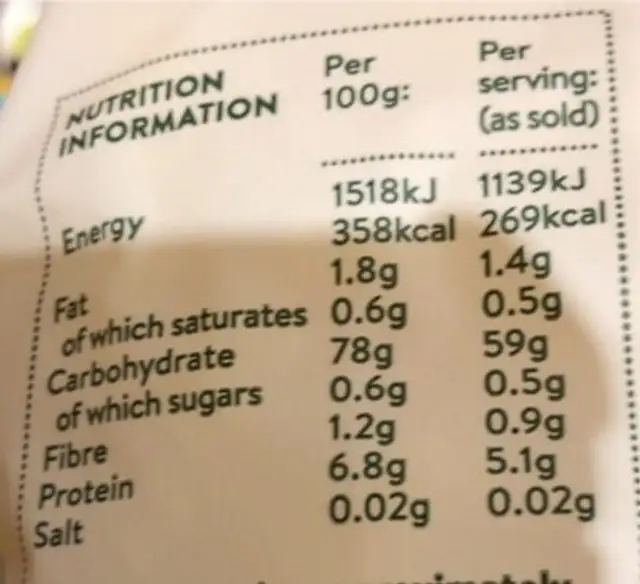 GF fusilli pasta nutrition facts table