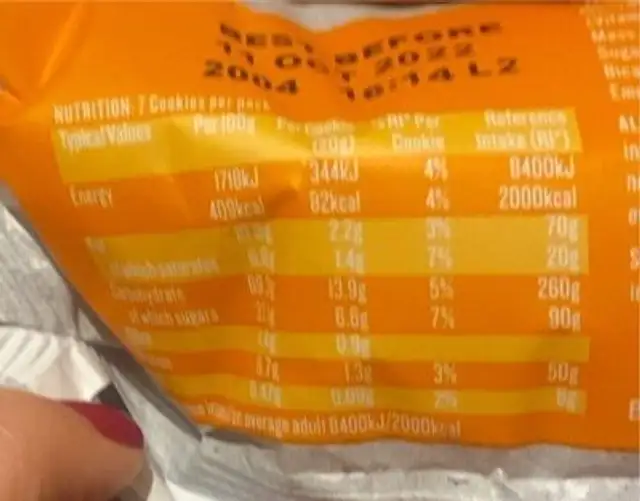 Chocolate chunk and orange cookies nutrition facts table