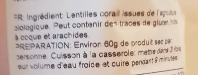 Lentilles corail BIO ingredients label