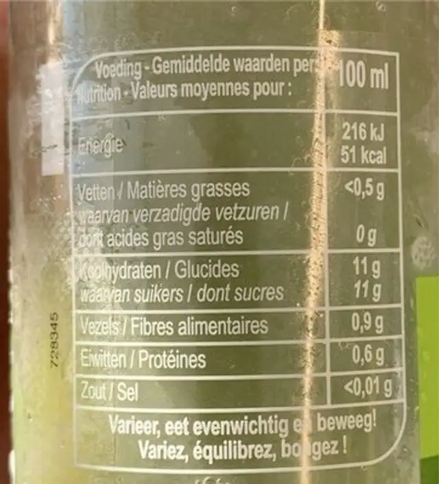 Smoothie Ananas-Kiwi-Citron vert nutrition facts table