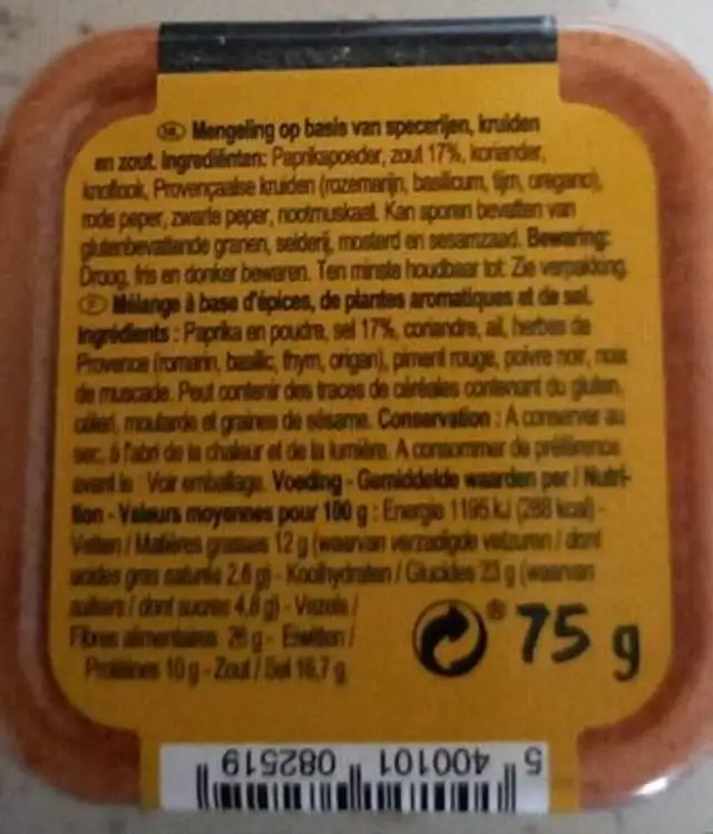 Mélange pour poulet nutrition facts table
