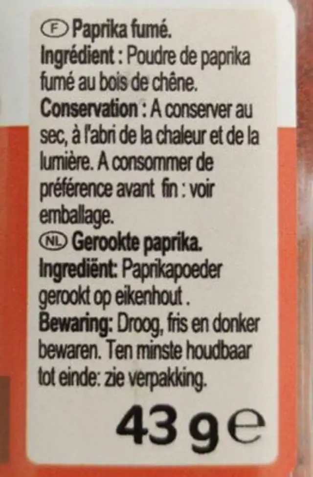 Carrefour Classic' Paprika Fumé au Bois de Chêne ingredients label