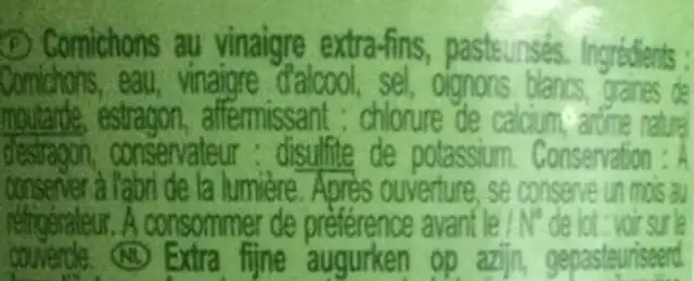 Cornichons ingredients label