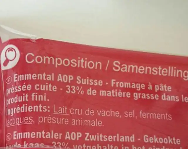 Emmentaler Aoc Au Lait Cru 250g ingredients label
