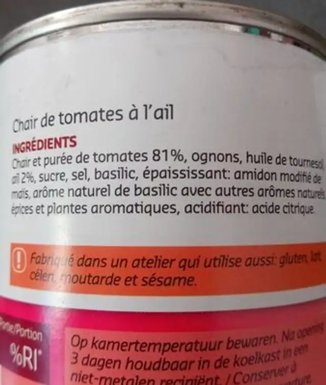 Chair de tomate à l ail ingredients label