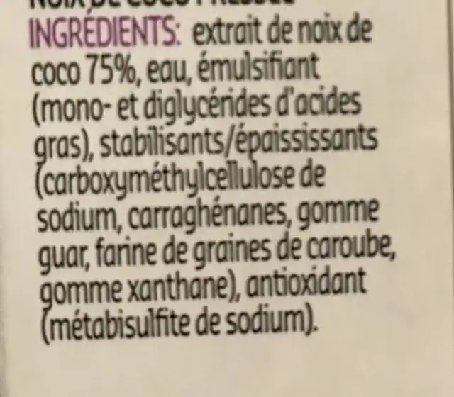 Coconut milk ingredients label