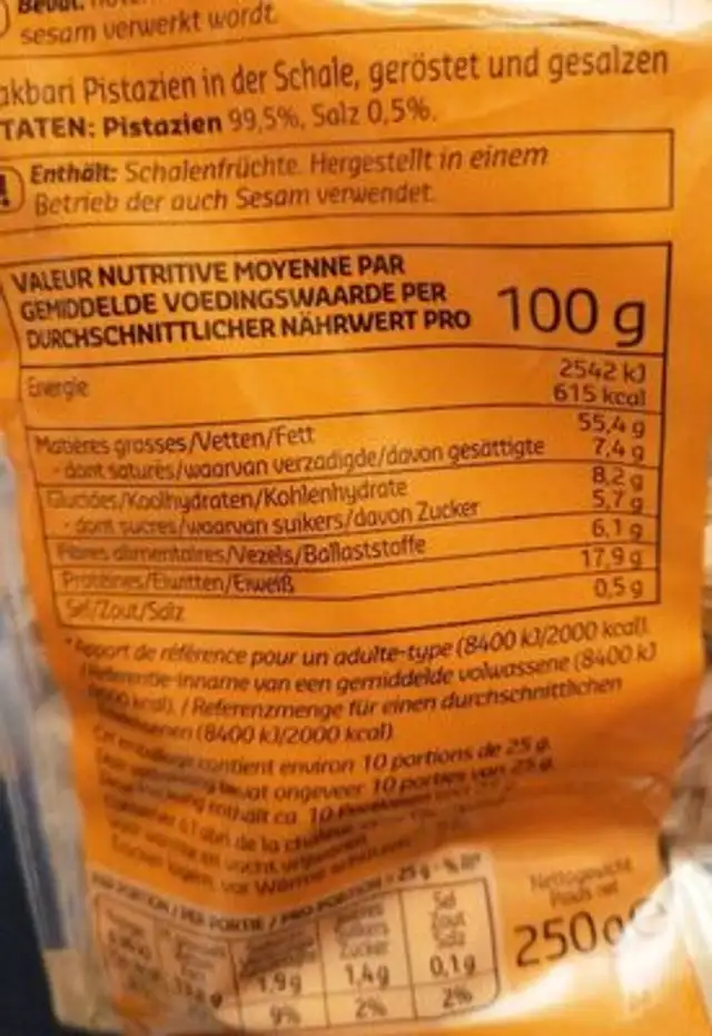 Pistaches en coque al-akbari rôties et salées nutrition facts table