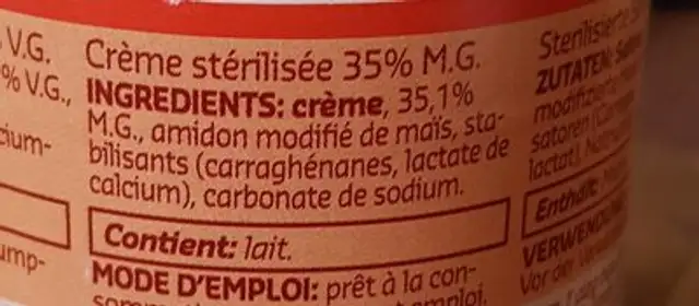 Delhaize crème stérilisée ingredients label