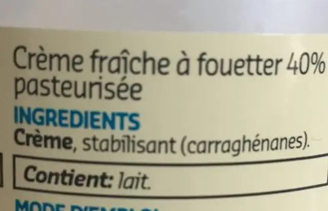 Creme fraiche a fouetter ingredients label