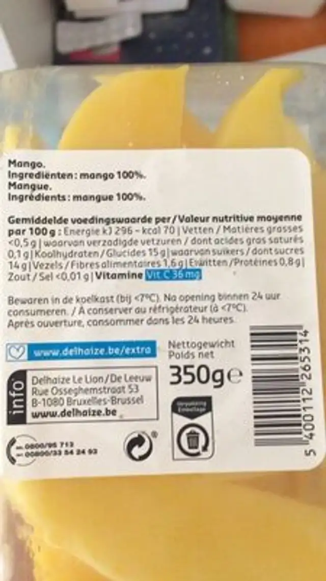 Mango 350g nutrition facts table