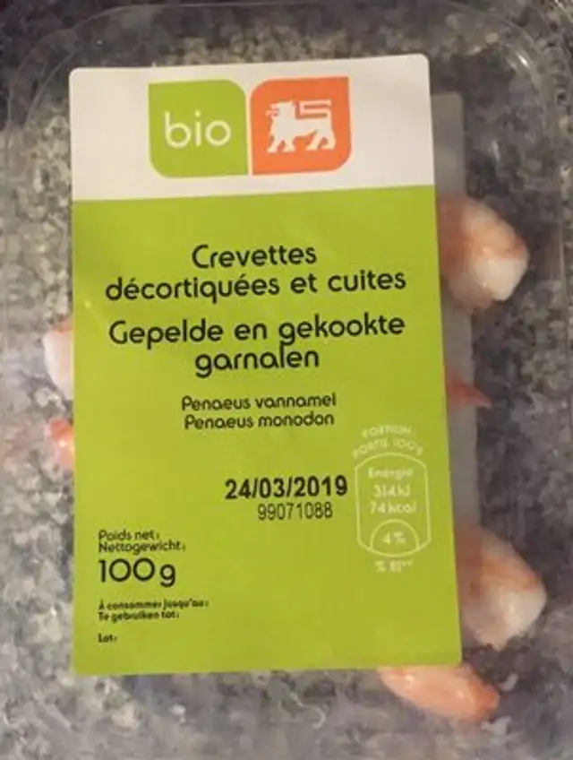 Crevertes décortiquérs et cuites front packaging