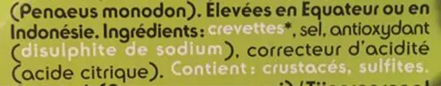Crevertes décortiquérs et cuites ingredients label