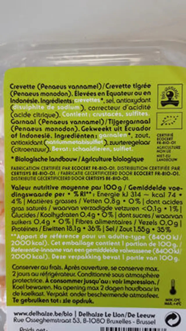 Crevertes décortiquérs et cuites nutrition facts table