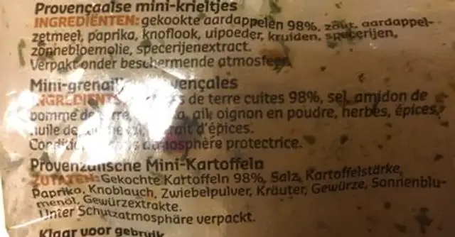 Mini grenailles provençale ingredients label