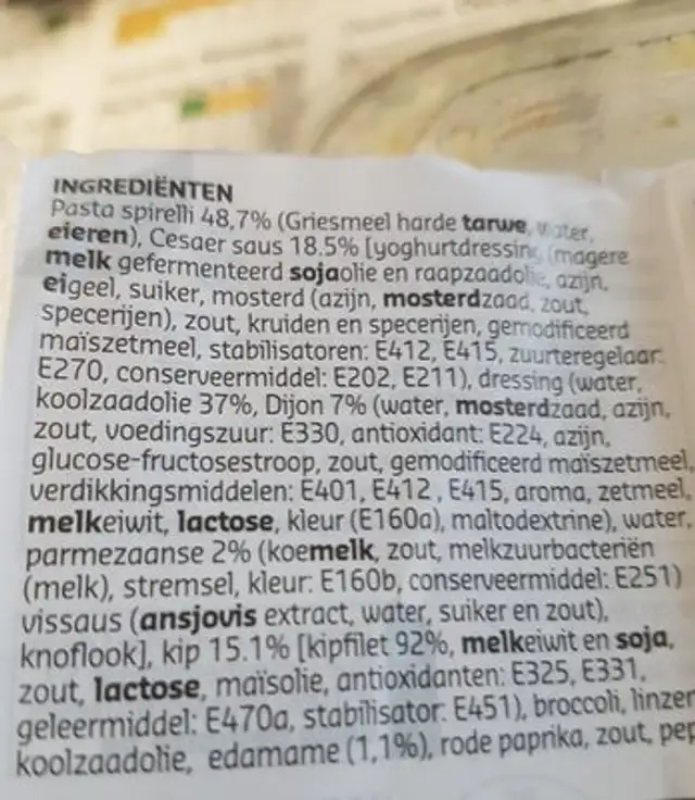 Spirelli ingredients label