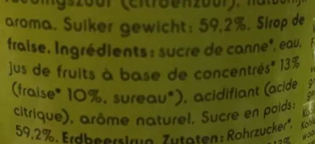 Sirop de fraise ingredients label