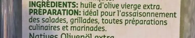 Huile d'Olive vierge extra ingredients label