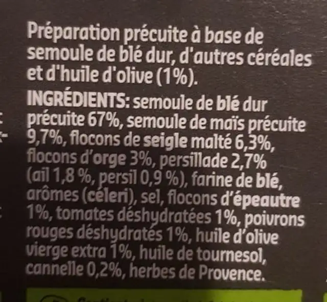 Mix céréales aux aromates ingredients label