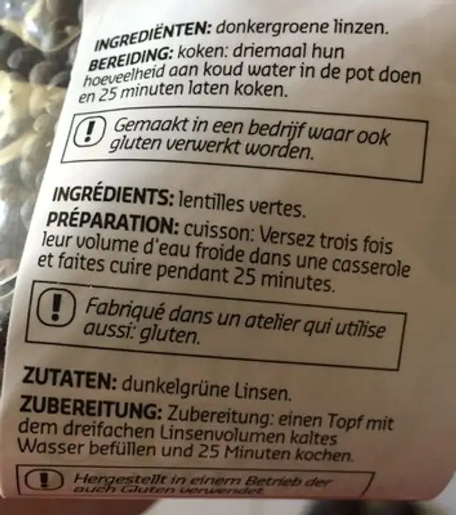 Lentilles Vertes ingredients label