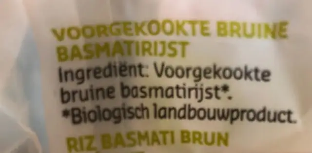 Voorgekookte bruine basmatirijst ingredients label