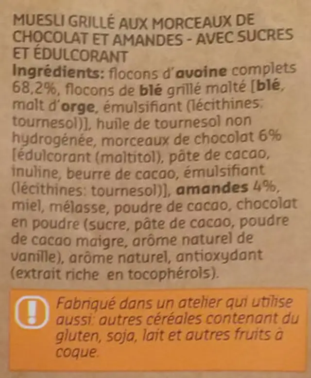 Original Muesli Chocolat & amandes ingredients label