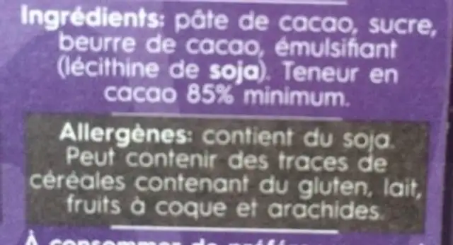 Dark chocolate 85% ingredients label