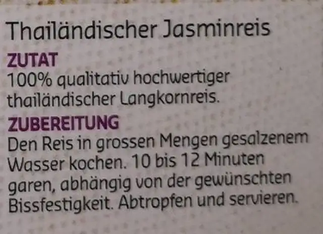 Thai Jasmin ingredients label