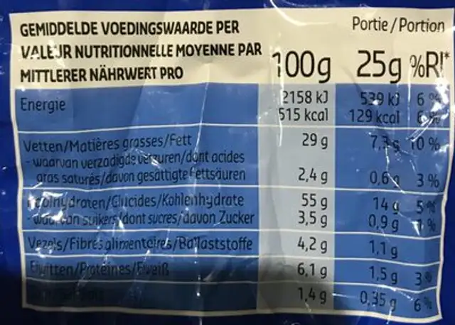 Ribble chips paprika nutrition facts table