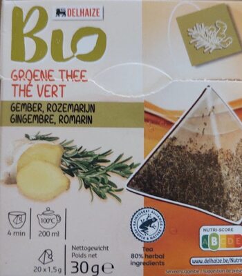 Groene thee met gember en rozemarijn front packaging