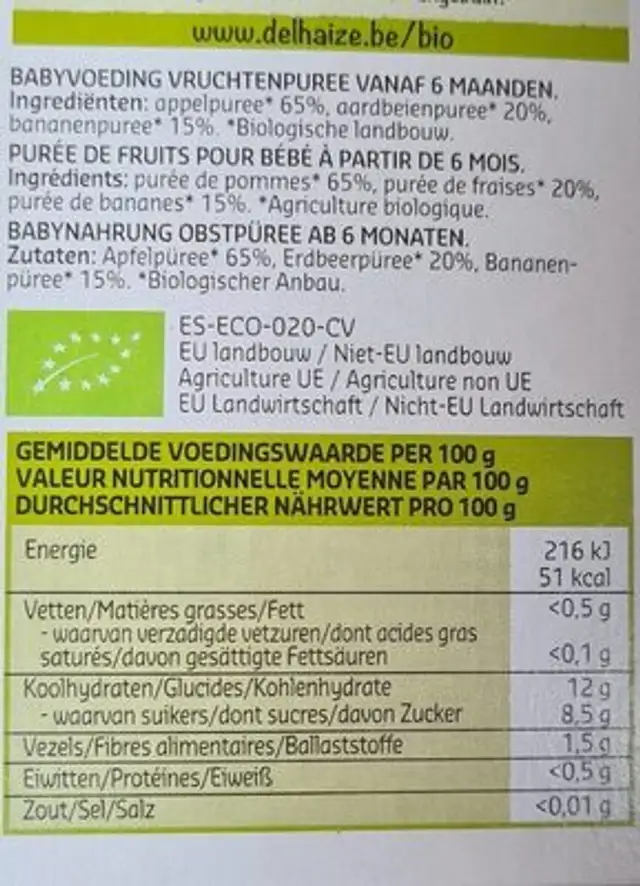 Purée de fruits bio pour bébé nutrition facts table
