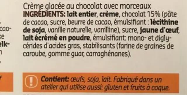 Icecream Chocolate ingredients label