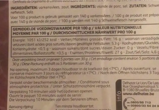 Jambon de Parme nutrition facts table