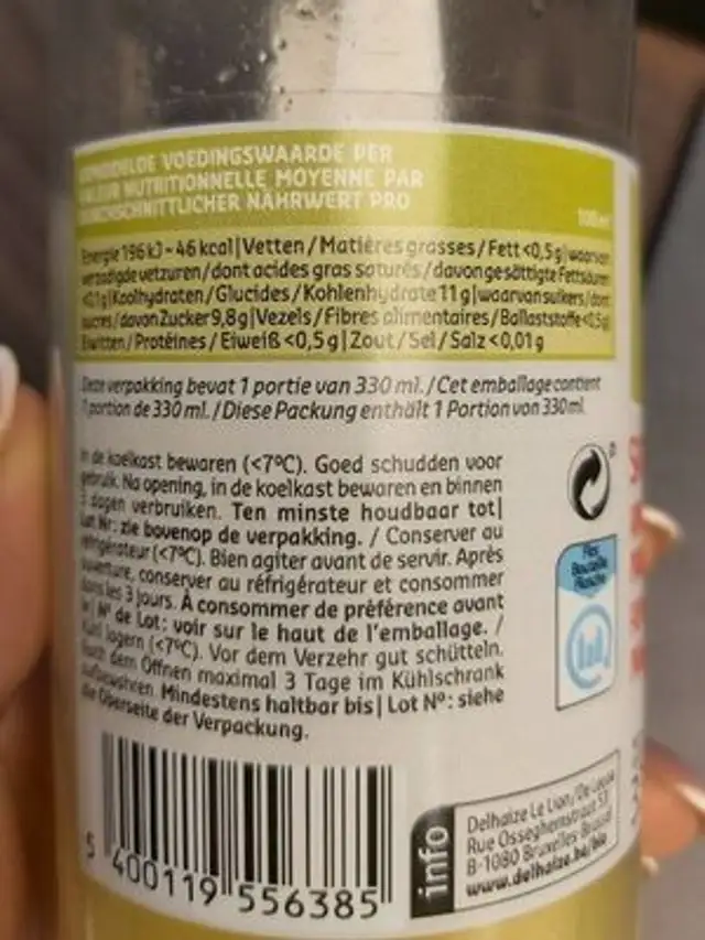 Jus Biologique 330ml nutrition facts table