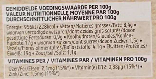 Vegan mini fricadelle nutrition facts table