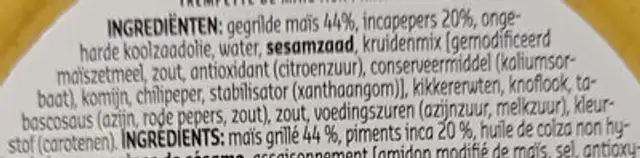 Maïs dips ingredients label