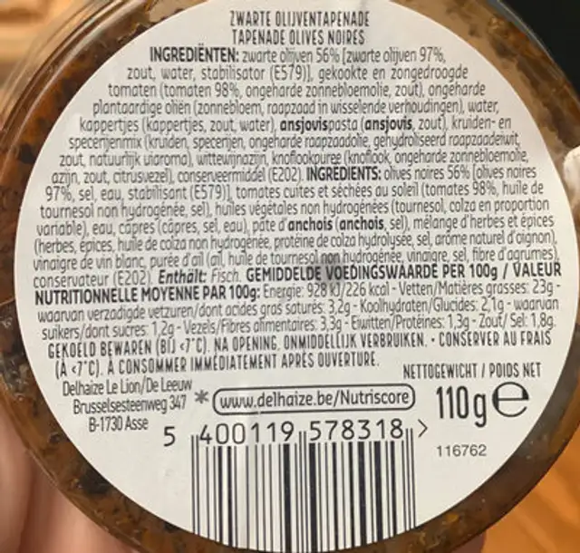 Tapenade olives noires ingredients label