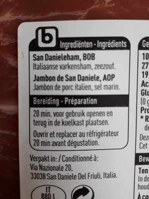 Prosciutto du San Daniele ingredients label