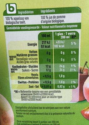 Boni Bio jus de pomme nutrition facts table