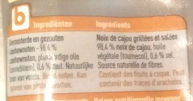 Noix de cajou grillées & salées ingredients label