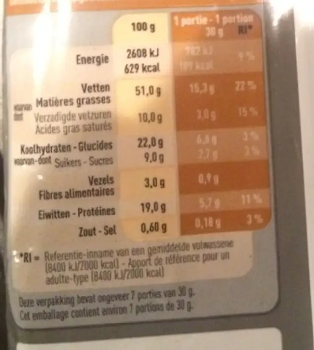 Noix de cajou grillées & salées nutrition facts table
