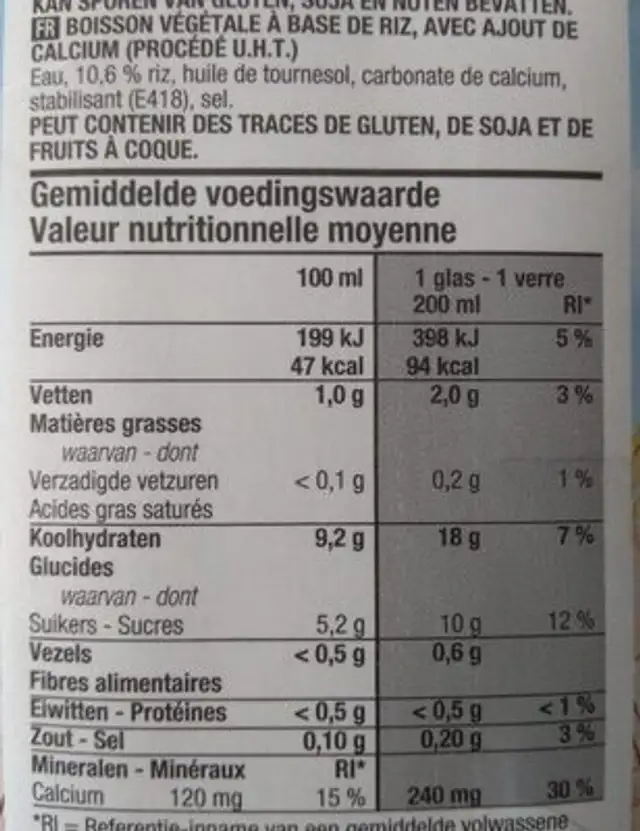 Boisson au riz nutrition facts table