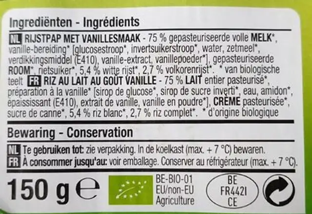 Riz au lait goût vanille ingredients label