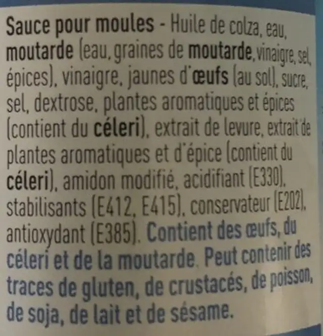 Sauce pour moules ingredients label