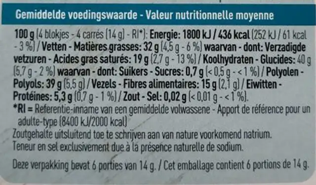 Chocolat noir nutrition facts table