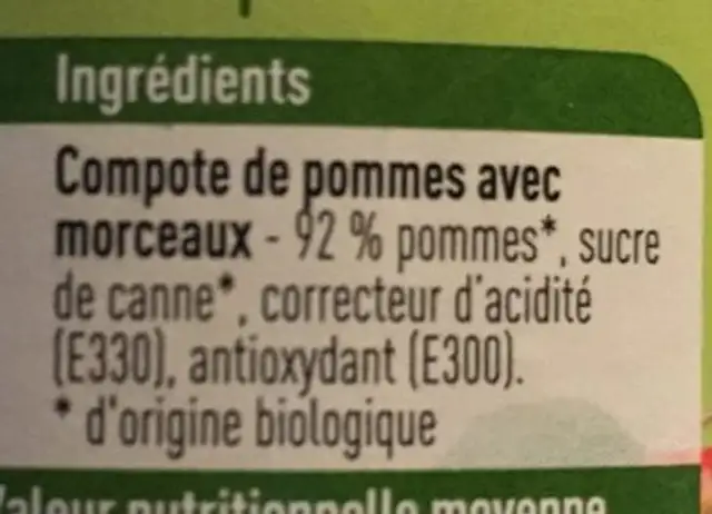 Appelcompote compte de pommes ingredients label