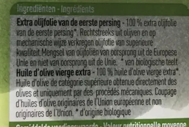 Huile D'olive Bio ingredients label