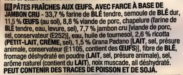 Cappelletti au jambon ingredients label